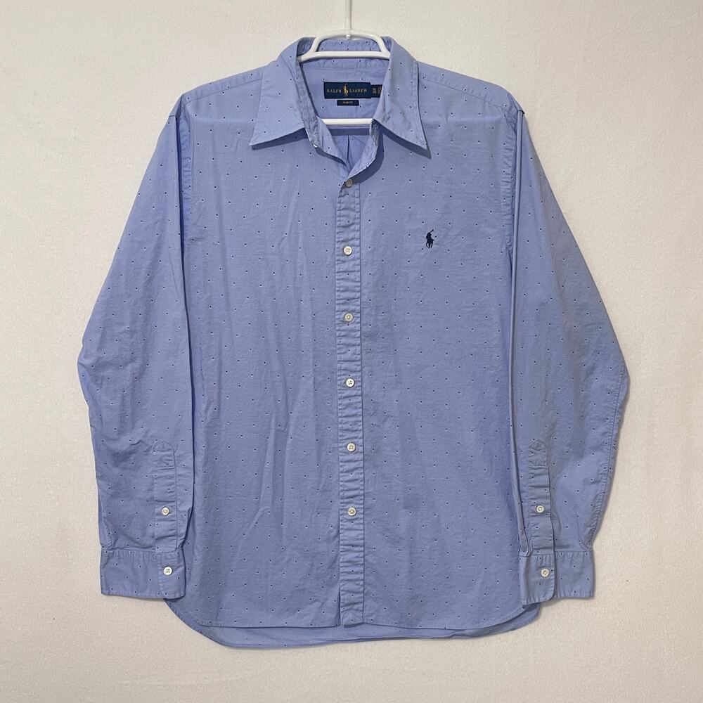 Ralph Lauren Button Down Shirt Mens XL Slim Fit Blue with Dots Long Sleeve PONY